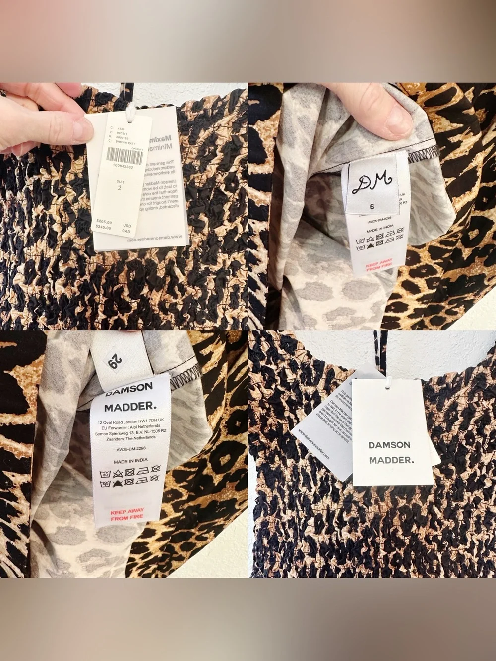 Damson Madder Malinda Smocked Animal Cheetah Midi Dress NWT Size EU 6/ US 2 - Picture 14 of 15